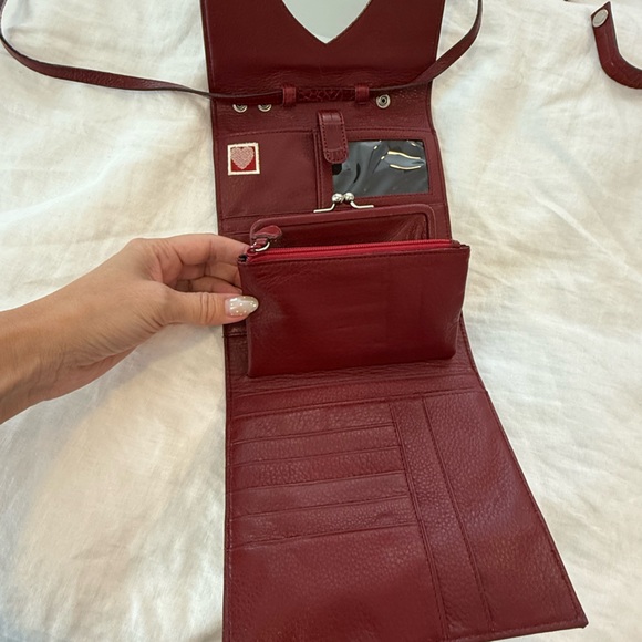 Brighton Burgundy Tri-Fold Crossbody Wallet Purse – Heart Mirror - Picture 7 of 11